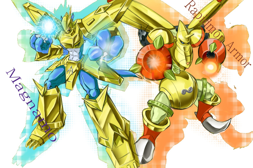 armor claws commentary digimon digimon_(creature) dk_(13855103534) gauntlets gold helmet highres horns magnamon no_humans rapidmon rapidmon_(armor) shoulder_pads tail