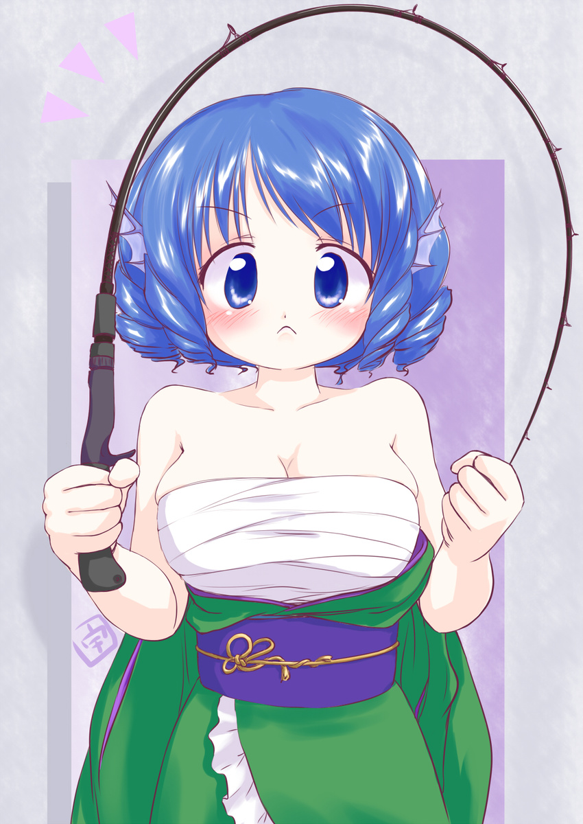 :< bare_shoulders blue_eyes blue_hair blush breasts chest_sarashi cleavage closed_mouth clothes_down collarbone commentary_request drill_hair female fins fishing_rod frown green_kimono head_fins highres japanese_clothes kimono large_breasts mermaid monster_girl obi sarashi sash short_hair solo touhou uho_(uhoyoshi-o) v-shaped_eyebrows wakasagihime