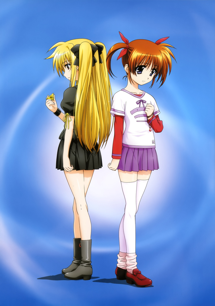 absurdres bardiche blonde_hair boots fate_testarossa footwear highres lyrical_nanoha mahou_shoujo_lyrical_nanoha purple_eyes raising_heart red_eyes red_hair ribbon ribbons socks takamachi_nanoha thighhighs twintails