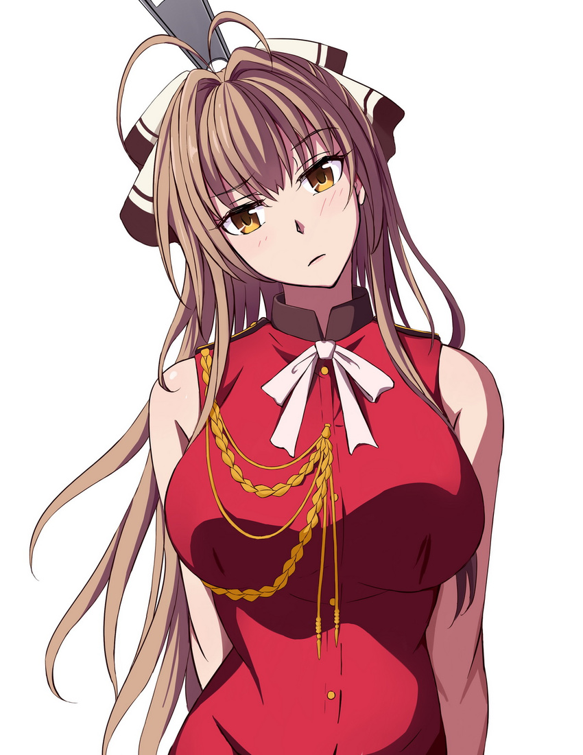 amagi_brilliant_park antenna_hair bare_shoulders breasts brown_hair commentary_request female head_tilt highres huge_breasts illusionk long_hair looking_at_viewer oversized_object sento_isuzu simple_background sleeveless solo upper_body very_long_hair white_background zipper_pull_tab