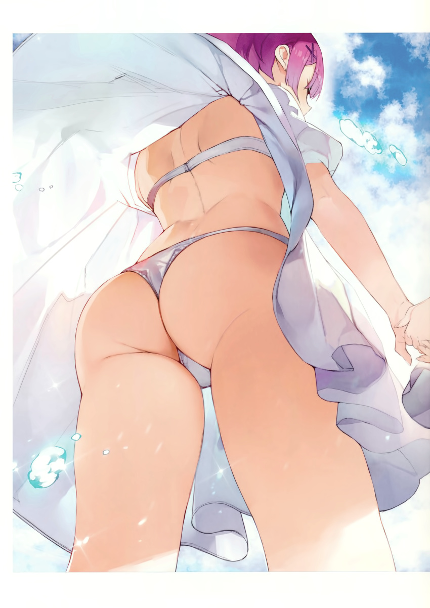 absurdres ass back blue_skirt bra cloud cloudy_sky day dress extended_upskirt female from_behind from_below gaou_(umaiyo_puyoman) hair_ornament hairclip highres holding_hands out_of_frame outdoors panties ram_(re:zero) re:zero_kara_hajimeru_isekai_seikatsu red_hair short_dress short_hair short_sleeves shoulder_blades skirt sky solo_focus sparkle standing thighs underwear upskirt water_drop white_bra white_dress white_panties