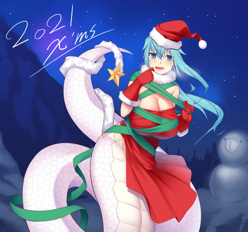 2021 :d aqua_hair blue_eyes blush breasts christmas cleavage commentary_request dress female fur-trimmed_collar fur_trim gloves green_ribbons hat highres kokuyouseki lamia large_breasts long_hair looking_at_viewer monster_girl mountain night night_sky original red_dress red_gloves red_hat ribbon santa_costume santa_hat sky smile snowman solo star_(sky) star_(symbol) starry_sky tree