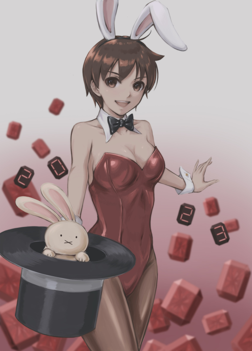 2023 :d absurdres alternate_costume animal_ears bare_shoulders bow bowtie breasts brown_eyes brown_hair chinese_zodiac cleavage commentary covered_navel detached_collar fake_animal_ears female hat highres kasugano_sakura leotard looking_at_viewer medium_breasts open_mouth pantyhose playboy_bunny puzzle_fighter rabbit rabbit_ears red_leotard short_hair smile solo strapless strapless_leotard street_fighter street_fighter_zero_(series) top_hat tyanoki wrist_cuffs year_of_the_rabbit