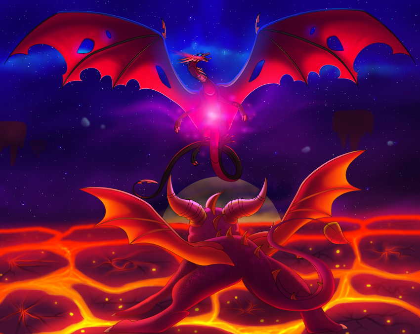 2019 absurd_res activision claws corrupt_cynder cosmic_background cynder digital_media_(artwork) dragon duo european_mythology female feral hi_res horn male membrane_(anatomy) membranous_wings mythological_creature mythological_scalie mythology open_mouth plaguedogs123 scales scalie solo spines spread_legs spreading spyro spyro_the_dragon tail teeth tongue western_dragon wings