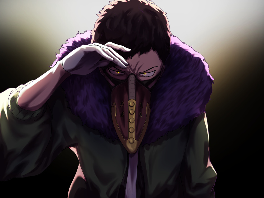 1boy absurdres angry arm_at_side black_background black_hair boku_no_hero_academia commentary d-log feather_trim gloves glowing glowing_eyes gradient_background green_jacket highres jacket long_sleeves looking_at_viewer male_focus open_clothes open_jacket overhaul_(boku_no_hero_academia) plague_doctor_mask shading_eyes short_hair solo upper_body white_background white_jacket