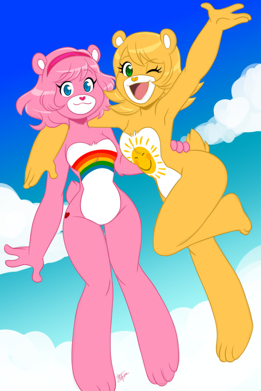 absurd_res accessory aeolus06 anthro bear blonde_hair blue_eyes care_bears cheer_bear colorful_theme digital_drawing_(artwork) digital_media_(artwork) duo female funshine_bear fur green_eyes hair headband heart_symbol hi_res kemono mammal mtf_crossgender one_eye_closed pink_body pink_fur pink_hair rainbow rule_63 side_butt smiley_face sun wink yellow_body yellow_fur