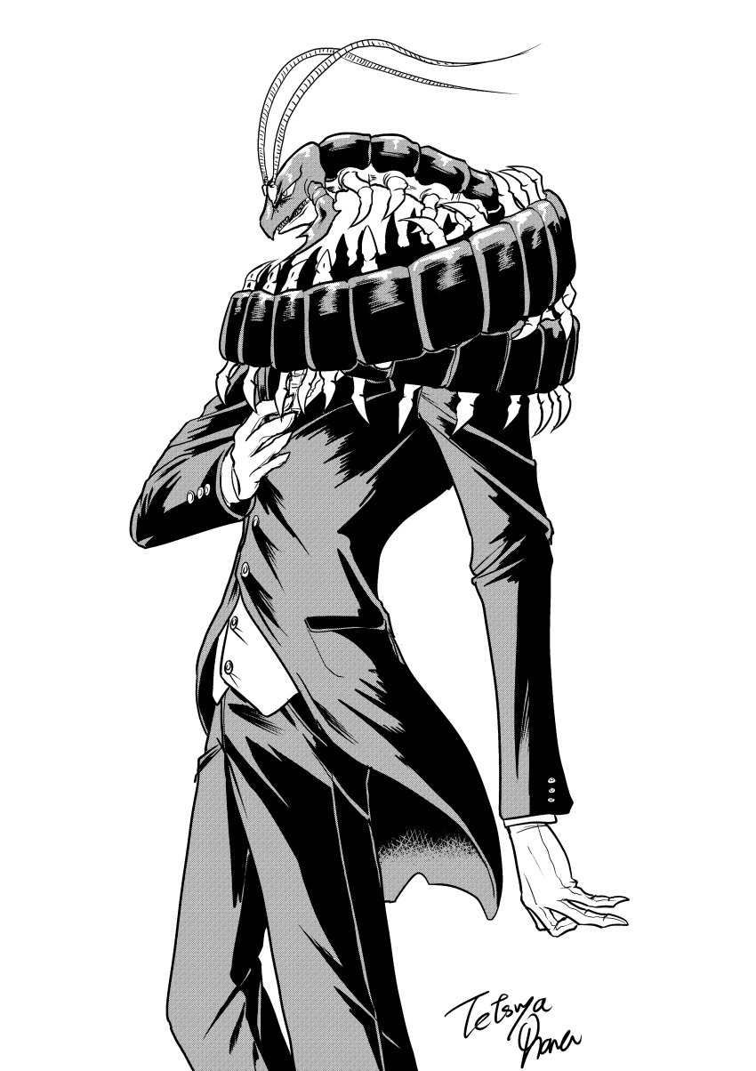 1boy absurdres antennae arthropod_boy boku_no_hero_academia centipeder_(boku_no_hero_academia) formal full_body gloves greyscale hand_up highres male_focus monochrome oohara_tetsuya pants profile simple_background solo standing suit teeth white_background