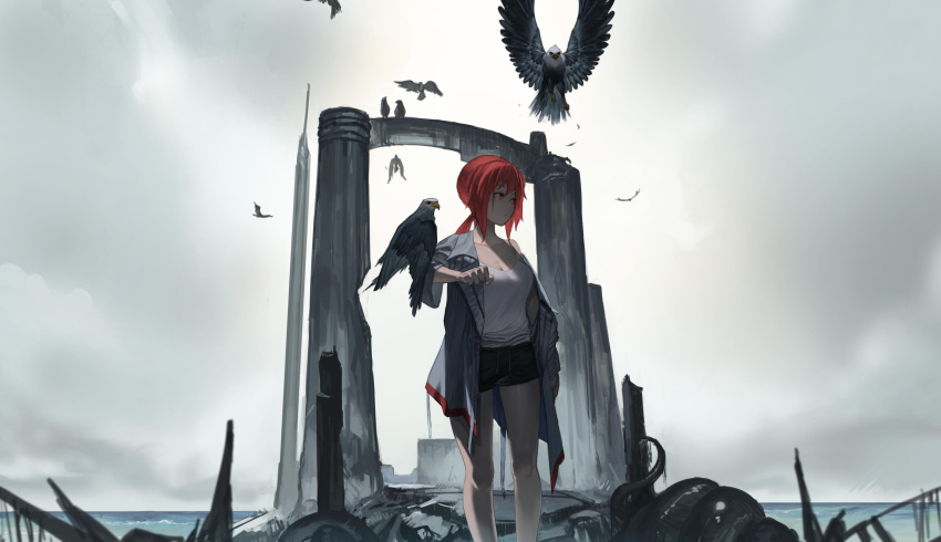 absurdres bird breasts cleavage cloud cloudy_sky coat commentary danzir female highres horizon large_breasts long_hair looking_away original outdoors ponytail red_eyes red_hair scenery shorts sky solo standing thighs