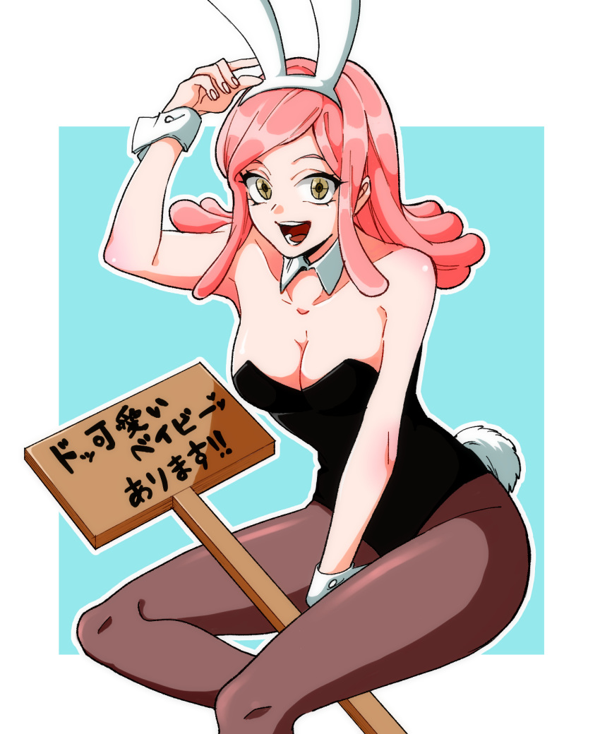 +_+ animal_ears bare_shoulders black_leotard blue_background boku_no_hero_academia breasts cleavage detached_collar fake_animal_ears female hand_up hatsume_mei highres leotard long_hair looking_at_viewer medium_breasts open_mouth pantyhose pink_hair playboy_bunny rabbit_ears rabbit_tail rinhakuto sign simple_background sitting solo symbol-shaped_pupils tail two-tone_background white_background wrist_cuffs