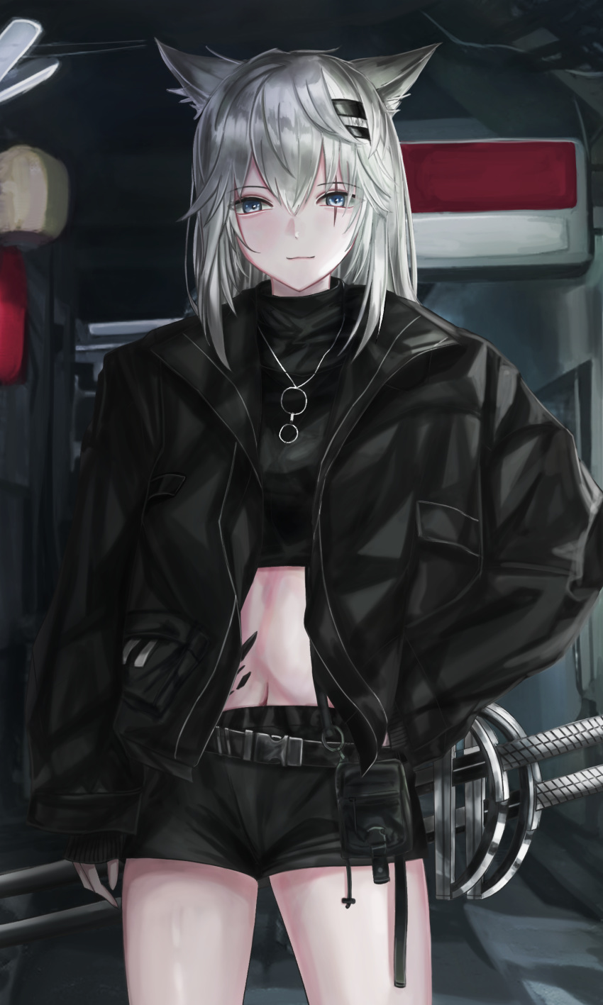 absurdres animal_ears arknights black_jacket black_shirt black_shorts commentary_request cowboy_shot crop_top dumi female grey_eyes hair_between_eyes hair_ornament hairclip highres jacket lappland_(arknights) long_hair long_sleeves looking_at_viewer material_growth midriff navel oripathy_lesion_(arknights) partial_commentary scar scar_across_eye scar_on_face shirt short_shorts shorts solo standing stomach sword thighs weapon white_hair wolf_ears