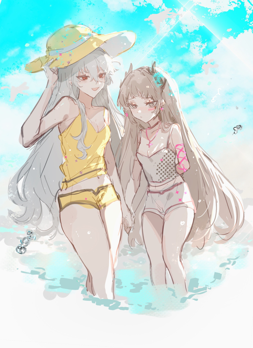 2girls arknights arm_behind_back arm_up bare_arms bare_shoulders blue_sky breasts camisole cleavage cloud cloudy_sky day grey_eyes grey_hair hair_between_eyes hand_on_headwear head_wings highres irene_(arknights) long_hair multiple_girls outdoors red_eyes rubber504 shorts sky small_breasts specter_(arknights) standing very_long_hair white_camisole white_shorts wings yellow_camisole yellow_headwear yellow_shorts