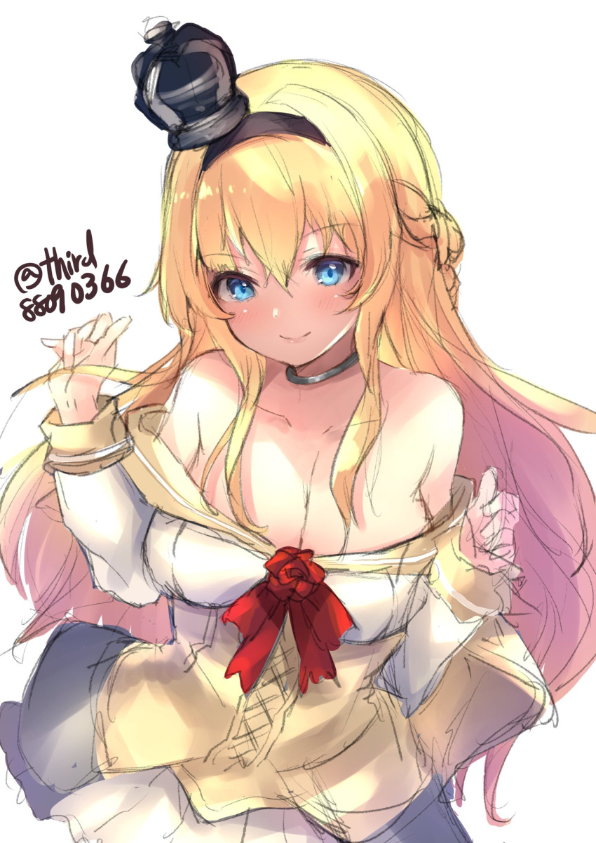 black_hairband blonde_hair blue_eyes braid breasts choker cleavage commentary_request cowboy_shot crown dress female flower hairband half_up_braid highres kantai_collection large_breasts long_sleeves looking_at_viewer mini_crown o-sirius off-shoulder_dress off_shoulder red_flower red_ribbon red_rose ribbon rose simple_background solo twitter_username warspite_(kancolle) white_background white_dress