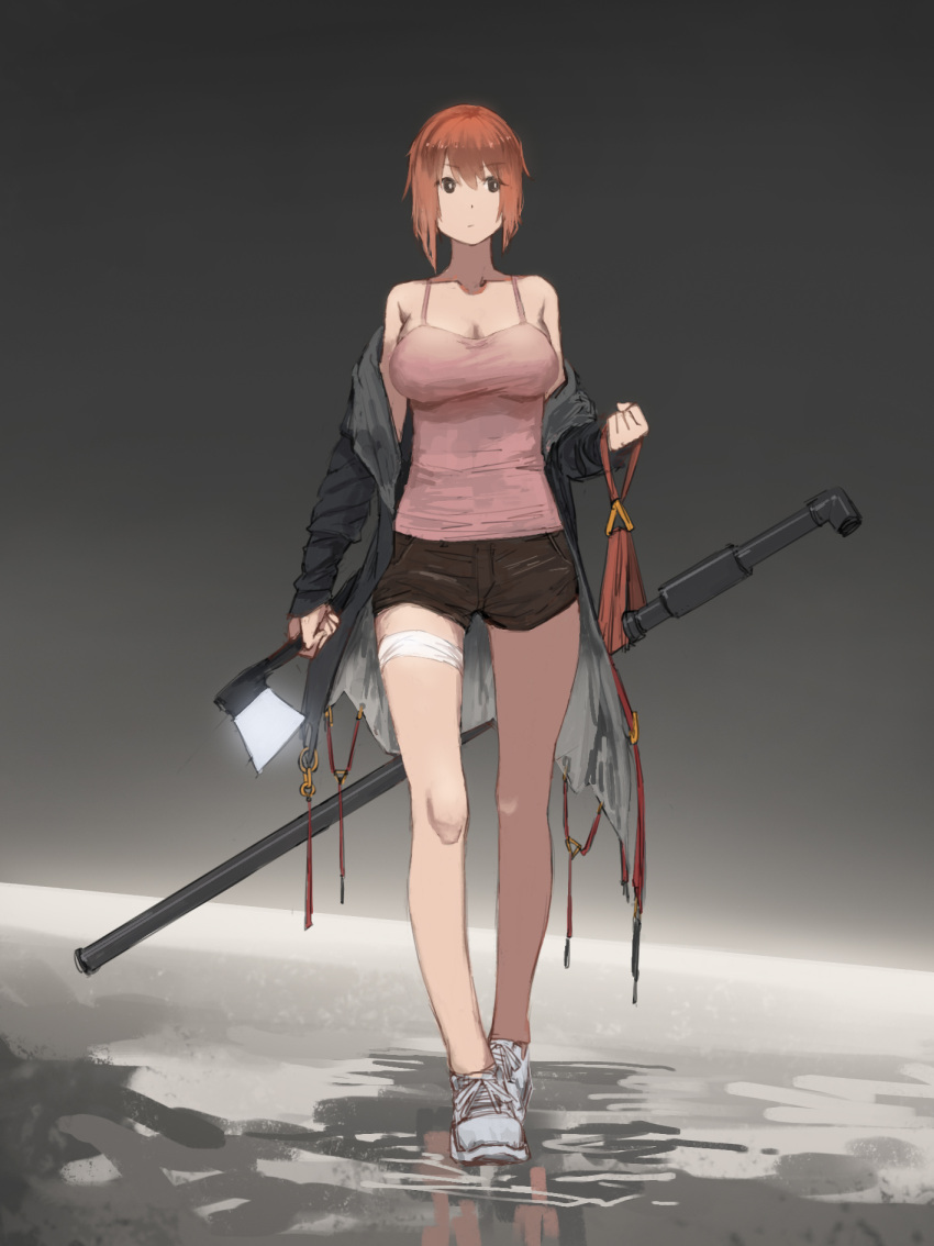 axe black_eyes breasts cleavage danzir female highres holding holding_weapon jacket large_breasts looking_away medium_hair original puddle red_hair reflection shoes short_shorts shorts smoking_pipe solo standing weapon