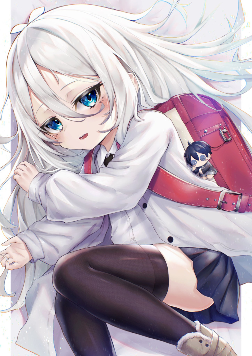 antenna_hair backpack bag black_thighhighs blue_eyes blue_skirt blush character_doll collared_shirt female hair_between_eyes highres hinamayo jacket kokkoro_(princess_connect!) kokkoro_(real)_(princess_connect!) long_hair long_sleeves looking_at_viewer lying on_side open_clothes open_jacket open_mouth pleated_skirt princess_connect! randoseru shirt skirt sleeves_past_wrists solo thighhighs very_long_hair white_hair white_shirt zettai_ryouiki