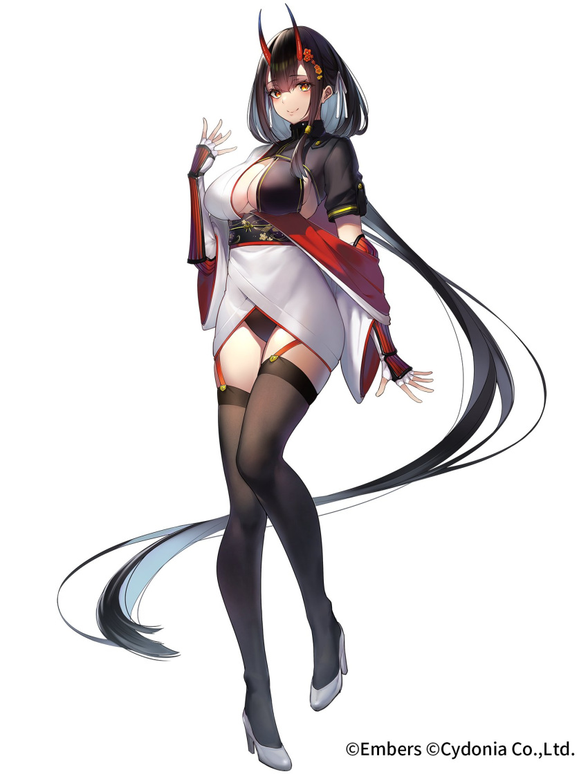 absurdly_long_hair ash_arms black_hair black_panties black_thighhighs blue_hair bob_cut boots breasts cleavage closed_mouth colored_inner_hair commentary_request elbow_gloves female fingerless_gloves full_body garter_straps gloves hair_ornament hair_ribbon high_heel_boots high_heels highres horns japanese_clothes kimono large_breasts long_hair looking_at_viewer medium_hair multicolored_hair o-i_tank_(ash_arms) oni_horns orange_eyes panties red_horns ribbon short_sleeves simple_background smile solo standing thighhighs underwear very_long_hair watermark white_background white_footwear white_kimono yamanokami_eaka