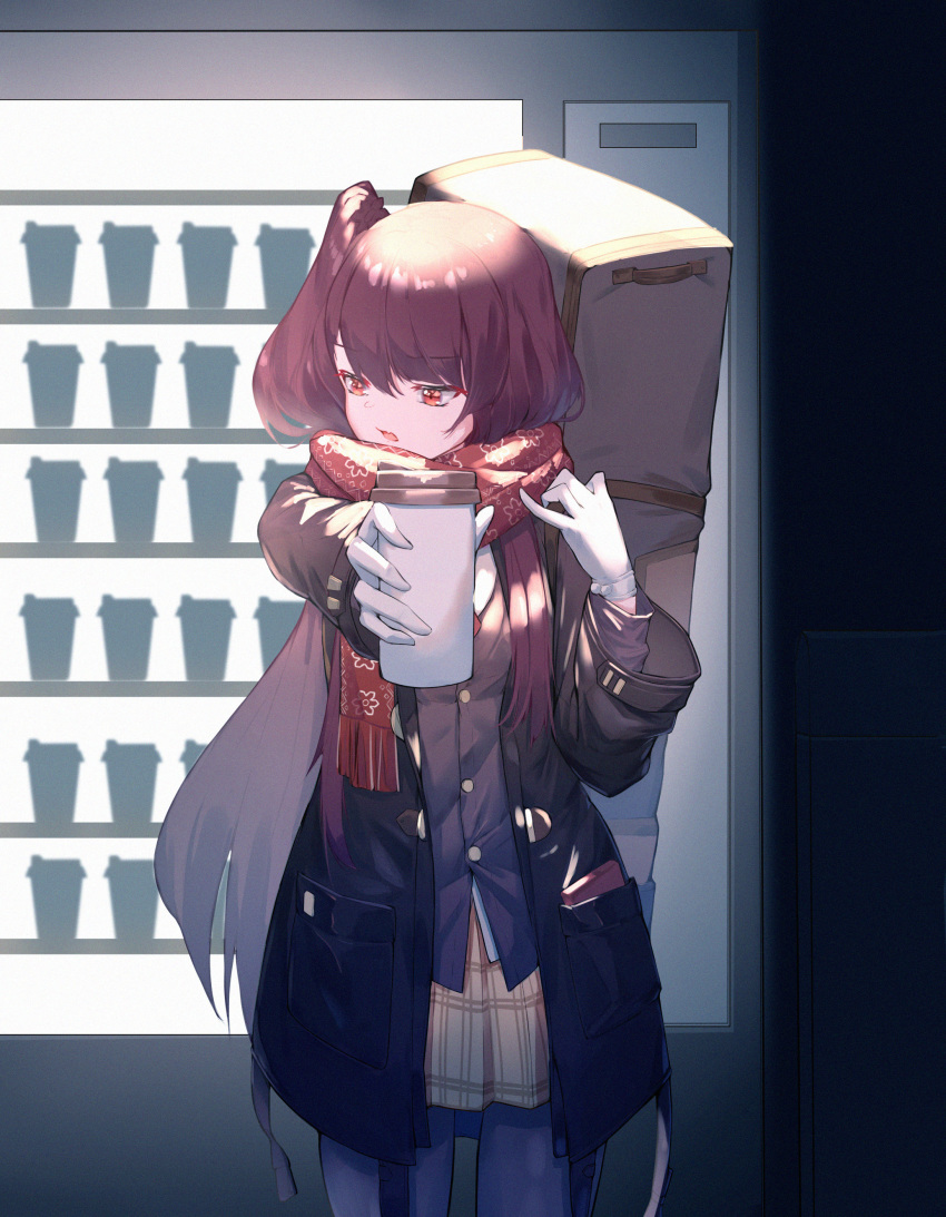 absurdres black_coat black_pantyhose brown_skirt cafe coat cup disposable_coffee_cup disposable_cup drink enpera female girls'_frontline hand_on_own_shoulder highres holding holding_drink long_hair looking_away looking_down official_alternate_costume one_side_up open_mouth pantyhose photoshop_(medium) pov pov_dating print_scarf red_eyes red_scarf rzx0 scarf short_sidetail skirt snowflake_print solo very_long_hair wa2000_(date_in_the_snow)_(girls'_frontline) wa2000_(girls'_frontline)