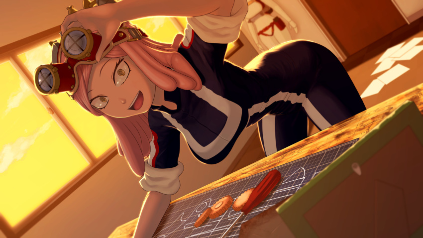 :d blueprint_(object) boku_no_hero_academia desk dutch_angle female gears goggles gym_uniform hatsume_mei highres indoors leaning_forward medium_hair open_mouth paper picture_frame pink_hair rimviolet school_uniform screwdriver smile solo sunset symbol-shaped_pupils u.a._gym_uniform window yellow_eyes