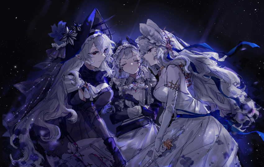 3girls apron arknights bare_shoulders black_dress black_gloves black_headwear blue_flower breasts bridal_gauntlets cleavage closed_eyes closed_mouth dress dual_persona flower girl_sandwich gloves grey_hair hair_between_eyes hat hat_flower head_wings highres irene_(arknights) irene_(voyage_of_feathers)_(arknights) juliet_sleeves long_hair long_sleeves medium_breasts multiple_girls puffy_short_sleeves puffy_sleeves red_eyes rubber504 sandwiched short_sleeves smile specter_(arknights) specter_the_unchained_(arknights) specter_the_unchained_(born_as_one)_(arknights) very_long_hair white_apron white_dress wings