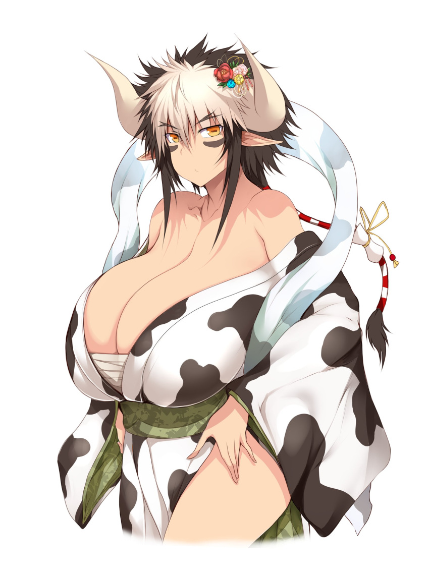 animal_print breasts cathyl cleavage collarbone cow_print female hair_ornament highres horns huge_breasts japanese_clothes looking_at_viewer monster_musume_no_iru_nichijou multicolored_hair obi pointy_ears ponytail sarashi sash shawl short_hair simple_background thick_thighs thighs tsukasawa_takamatsu two-tone_hair white_background