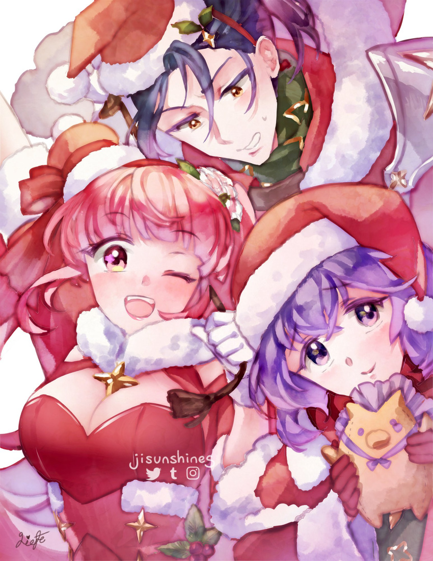 1boy 2girls alternate_costume bernadetta_von_varley bernadetta_von_varley_(winter) black_hair breasts brown_eyes christmas cleavage_cutout clothing_cutout felix_hugo_fraldarius felix_hugo_fraldarius_(winter) fire_emblem fire_emblem:_three_houses fire_emblem_heroes hat highres hilda_valentine_goneril hilda_valentine_goneril_(winter) large_breasts liefe multiple_girls official_alternate_costume one_eye_closed pink_eyes pink_hair purple_eyes purple_hair santa_costume santa_hat yellow_eyes