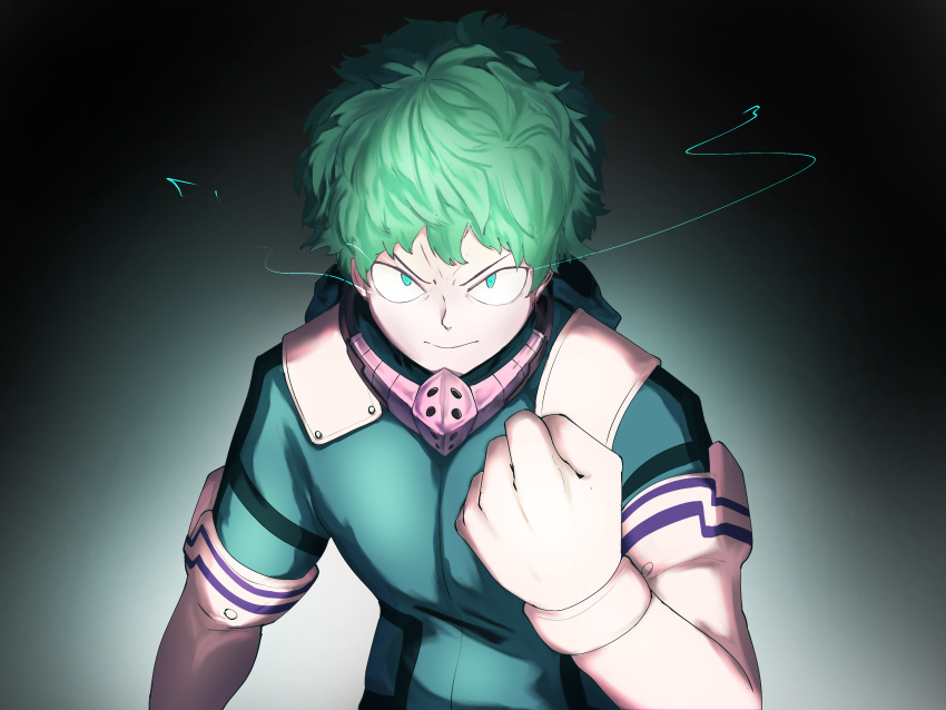 >:( 1boy absurdres aqua_eyes black_background boku_no_hero_academia clenched_hand closed_mouth commentary d-log gloves glowing gradient_background green_eyes green_hair hand_up highres long_sleeves looking_at_viewer male_focus midoriya_izuku pale_skin short_hair solo upper_body v-shaped_eyebrows white_gloves