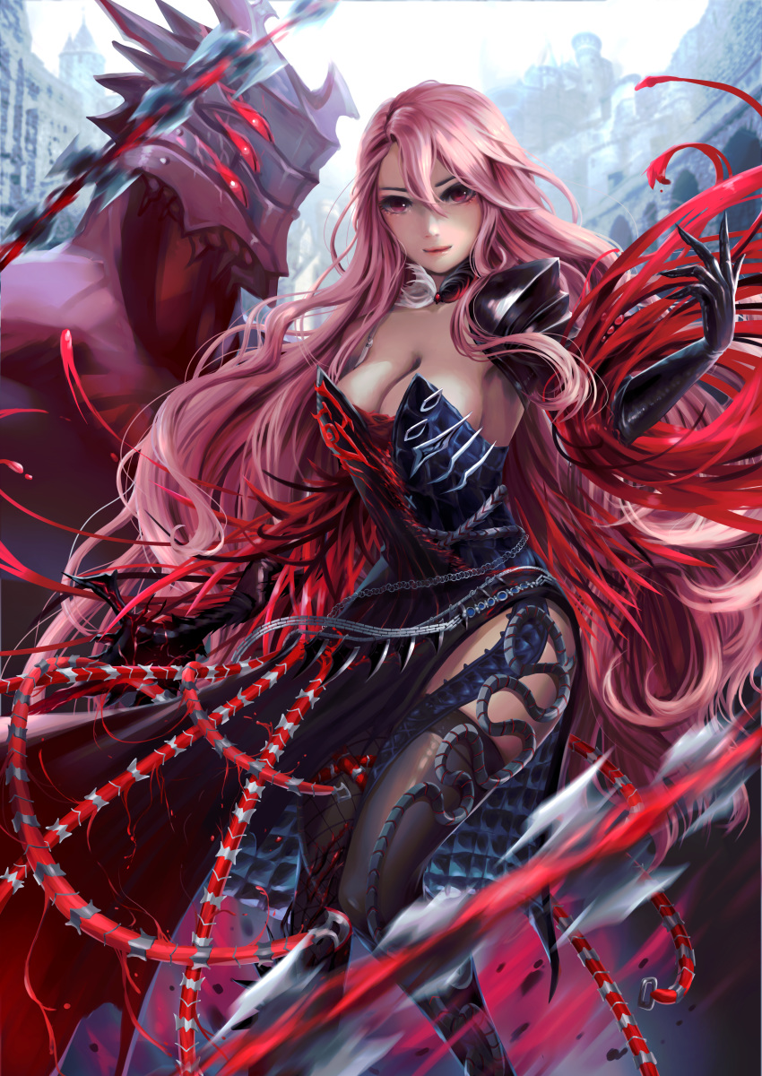 absurdres armor asymmetrical_legwear blade blood breasts city claws cleavage closed_mouth colored_skin demon_slayer_(dungeon_and_fighter) dungeon_and_fighter extra_eyes female female_slayer_(dungeon_and_fighter) fishnet_legwear fishnets gauntlets hair_between_eyes highres long_hair mismatched_legwear monster outdoors pauldrons pink_eyes pink_hair red_eyes red_skin shoulder_armor single_pauldron slashing thighhighs tsuuart veins weapon whip