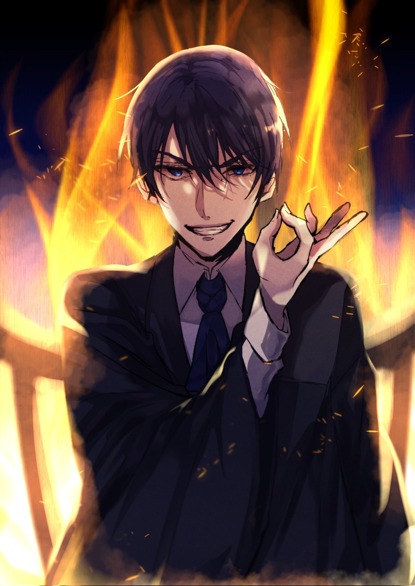 1boy akutoku_no_judgement_(vocaloid) backlighting blue_eyes blue_hair blue_necktie embers evil_grin evil_smile evillious_nendaiki fire gallerian_marlon grin highres judge kaito_(vocaloid) looking_at_viewer male_focus money_gesture necktie pale_skin robe short_hair smile solo vocaloid warabi_(danngo-mitarasi)