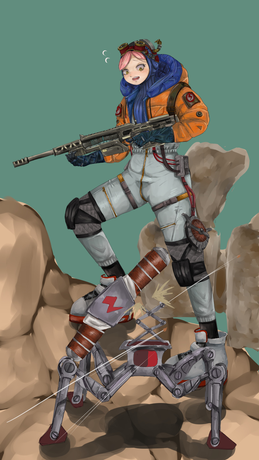 :o absurdres apex_legends blue_background boku_no_hero_academia bullet coat cosplay female full_body gloves goggles goggles_on_head gun hatsume_mei highres holding holding_gun holding_weapon jacket knee_pads orange_coat pink_hair robot sentinel_esr solo standing sugichanman symbol-shaped_pupils thigh_strap wattson_(apex_legends) wattson_(apex_legends)_(cosplay) weapon zipper