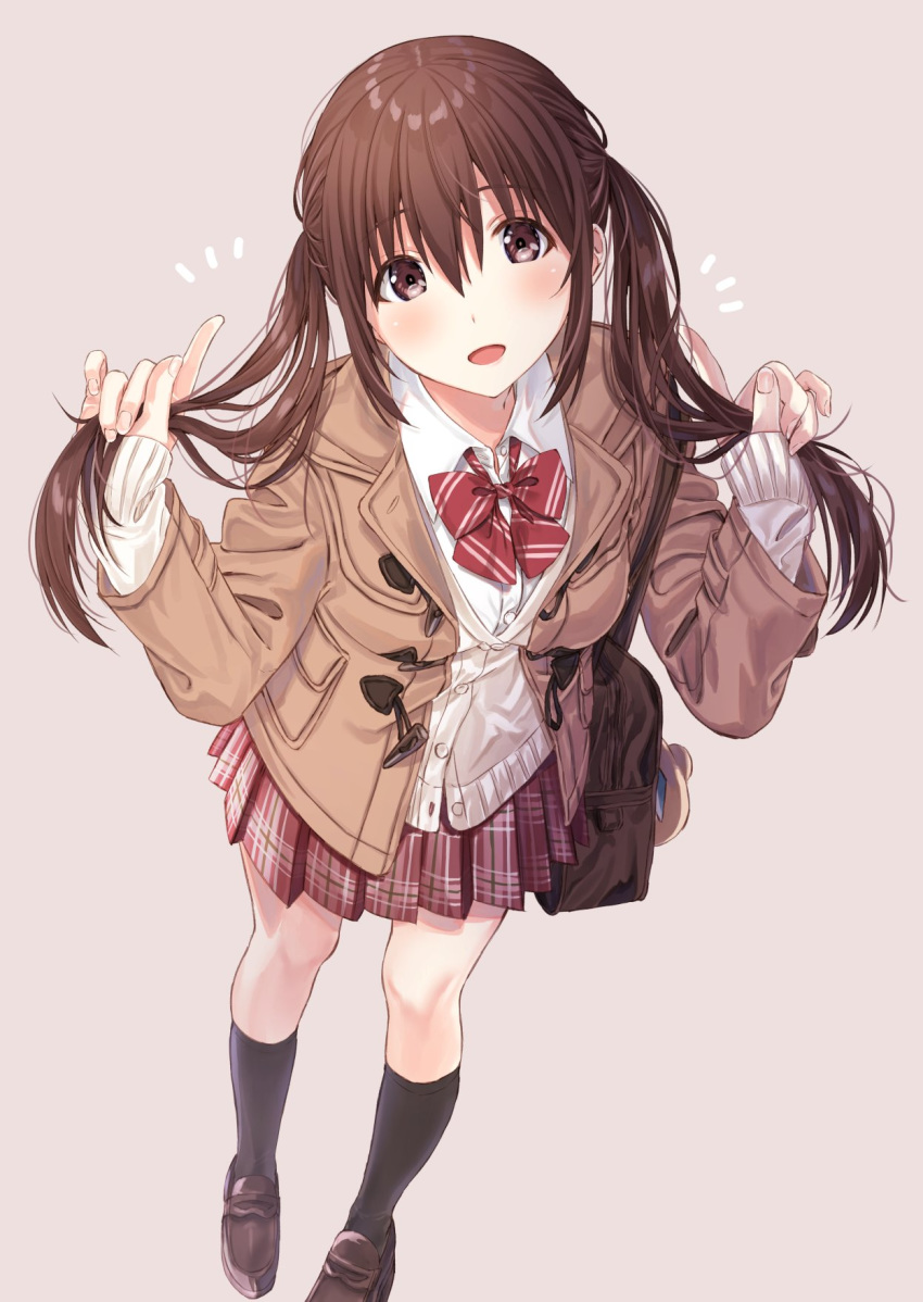 :d bag black_socks blush bow brown_background brown_eyes brown_footwear brown_hair brown_jacket cardigan collared_shirt commentary_request diagonal_stripes dress_shirt female fingernails hair_between_eyes hands_up highres holding holding_own_hair jacket kneehighs kukiha loafers long_hair long_sleeves looking_at_viewer notice_lines open_mouth original plaid plaid_skirt pleated_skirt red_bow red_skirt school_bag school_uniform shirt shoes simple_background skirt sleeves_past_wrists smile socks solo standing striped striped_bow twintails white_cardigan white_shirt