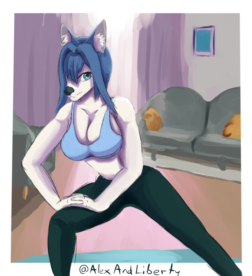 alexandliberty anthro big_breasts blue_bra blue_clothing blue_eyes blue_hair blue_sports_bra blue_underwear bra breasts building canid canine canis cleavage_cutout clothing cutout detailed_background digital_media_(artwork) exercise_clothing female fur furniture hair hi_res hololive hololive_en house inside mammal monotone_bra monotone_clothing monotone_sports_bra monotone_underwear ouro_kronii out_of_frame shaded sofa solo sports_bra stretching underwear vtuber white_body white_fur wolf