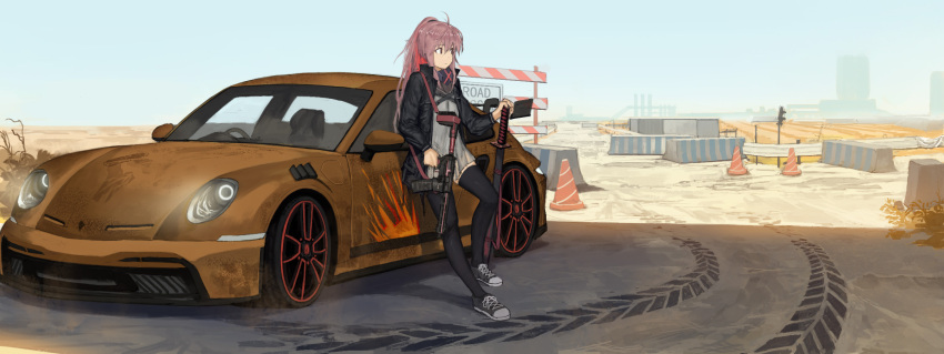 ar-15 black_thighhighs car city commentary commission danzir day desert english_commentary female gun highres holding holding_weapon horizon jacket long_hair looking_away motor_vehicle original outdoors pink_eyes pink_hair ponytail porsche rifle road_sign scenery shoes sign sky solo sports_car standing thighhighs traffic_barrier traffic_cone vehicle_focus weapon