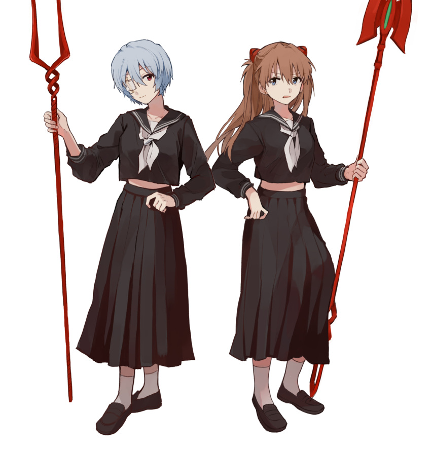 2girls ayanami_rei bangs black_footwear black_serafuku black_shirt black_skirt blue_eyes brown_hair collarbone collared_shirt dango_(uni_520) eyebrows_visible_through_hair eyepatch floating_hair full_body hair_between_eyes headgear highres holding holding_polearm holding_weapon lance_of_longinus long_hair long_skirt long_sleeves looking_at_viewer midriff multiple_girls neckerchief neon_genesis_evangelion open_mouth pleated_skirt polearm red_eyes sailor_collar sailor_shirt school_uniform serafuku shirt short_hair silver_hair simple_background skirt socks souryuu_asuka_langley spear_of_cassius standing stomach very_long_hair weapon white_background white_legwear white_neckerchief