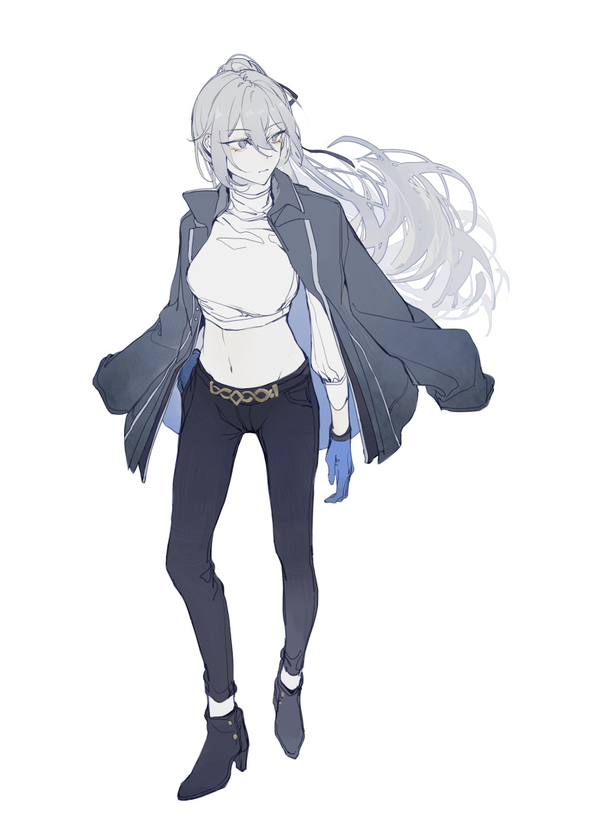 absurdres belt belt_buckle black_footwear black_pants blue_gloves boots bronya_zaychik bronya_zaychik_(silverwing:_n-ex) buckle casual closed_mouth drill_hair female full_body gloves grey_eyes grey_hair hair_between_eyes hair_ornament highres honkai_(series) honkai_impact_3rd jacket long_hair long_sleeves navel nnikko open_clothes open_jacket pants ponytail shirt simple_background solo white_background white_shirt