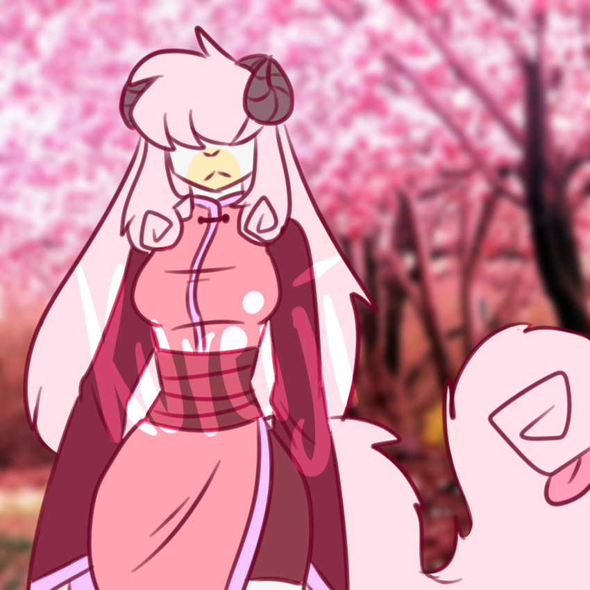 1:1 anthro asian_clothing bovid caprine cherry_blossom clothed clothing crazy_guy_(artist) east_asian_clothing female flower fluffy fluffy_tail goat hair hi_res horn japanese_clothing long_hair long_tail mammal monster_tail plant prunus_(flower) solo tail tongue white_body