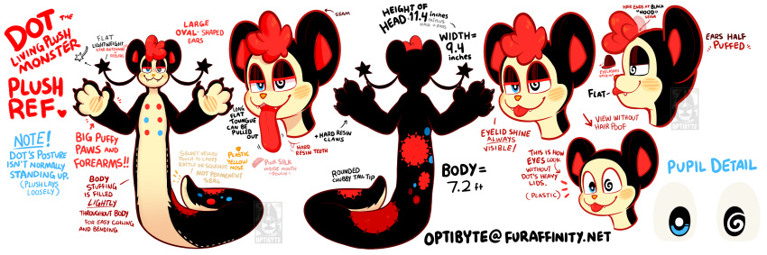 3:1 ambiguous_gender artist_name black_body blue_sclera blue_spots blue_text blush character_name description digital_drawing_(artwork) digital_media_(artwork) dot_(optibyte) english_text fabric_creature flat_colors furaffinity hair handwritten_text head_tuft hi_res long_tongue model_sheet optibyte patchwork_creature red_hair red_inner_ear red_spots red_text red_tongue seam_(sewing) serpentine simple_background smile solo spiral_eyes spots stitch_(sewing) text tongue tongue_out tuft url watermark white_background white_body white_underside yellow_blush yellow_nose yellow_text