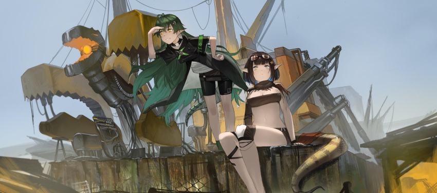 2girls absurdres arknights black_hair breasts cleavage closed_mouth danzir day desert eunectes_(arknights) gavial_(arknights) goggles goggles_on_head green_hair hair_ornament hand_on_own_hip highres large_breasts long_hair looking_up machinery medium_hair midriff multiple_girls navel open_mouth pointy_ears sitting sky standing tail thighs wire yellow_eyes