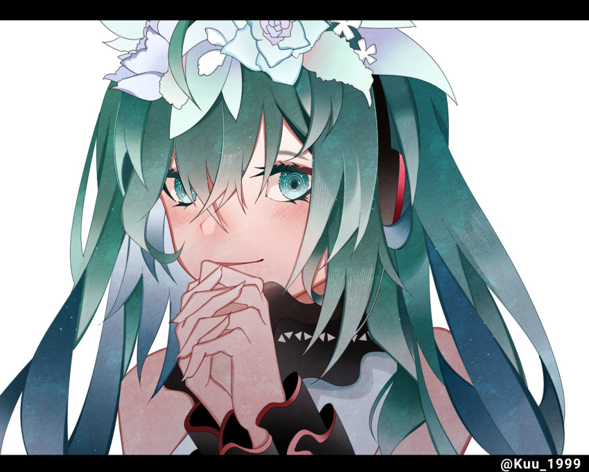 ahoge aqua_eyes aqua_hair bad_id bad_pixiv_id bless_you_(module) blush commentary female fingernails flower hair_between_eyes hair_flower hair_ornament hatsune_miku headphones highres kuu_1999 letterboxed long_fingernails looking_at_viewer own_hands_clasped own_hands_together portrait project_diva_(series) project_diva_f_2nd rose solo twintails twitter_username vocaloid white_background white_flower white_rose