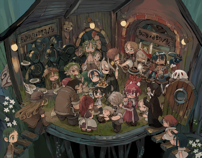 >_< 6+boys 6+girls 6+others :d androgynous animal_ears apron aqua_eyes arm_up arms_behind_back beard beer_mug belchero_(made_in_abyss) black-framed_eyewear black_cape black_coat black_dress black_eyes black_gloves black_hair black_jacket black_pants black_shorts blonde_hair blue_capelet blue_eyes blue_hairband blunt_bangs bondrewd bowl bright_pupils brown-framed_eyewear brown_dress brown_eyes brown_fur brown_hair brown_headwear brown_mittens brown_pants brown_shorts cape capelet character_request claws closed_eyes closed_mouth coat collared_shirt commentary_request cooking_pot counter covered_face cup curly_hair cutting_board dark-skinned_female dark-skinned_male dark_skin door dress drill_hair ebimomo everyone eye_contact facial_hair fake_horns fallen_down faputa flipped_hair flower food frilled_hairband frills furry glasses gloves grass green_eyes green_gloves green_hair green_headwear grey_eyes grey_hair grey_jacket gueira_(made_in_abyss) habolg_(made_in_abyss) hair_between_eyes hair_ornament hair_slicked_back hairband half-closed_eyes hamashirama hand_up hands_on_own_cheeks hands_on_own_face hands_up hat hat_feather head_tilt helm helmet hiding hiding_behind_another high_ponytail highres holding holding_bowl holding_ladle holding_plate holding_spoon holding_utensil horned_helmet horns index_finger_raised jacket kiyui_(made_in_abyss) ladle lafy_(made_in_abyss) lolicon long_braid long_hair long_sleeves looking_at_another looking_to_the_side lying made_in_abyss made_in_abyss_runes maruruk mechanical_arms medium_hair mio_(made_in_abyss) mittens mitty_(made_in_abyss)_(furry) mug multicolored_hair multiple_boys multiple_girls multiple_others nakikabane nanachi_(made_in_abyss) narehate natt_(made_in_abyss) navel neritantan no_pupils on_stomach open_clothes open_door open_jacket open_mouth orange_eyes ozen pants pebble peeking_out pink_eyes pink_hair plate pleated_dress pouch prushka puffy_pants red-framed_eyewear red_dress red_eyes red_hair red_headwear regu_(made_in_abyss) riko_(made_in_abyss) round_window semi-rimless_eyewear shiggy_(made_in_abyss) shirt short_hair short_hair_with_long_locks short_sleeves shorts sideways_glance sign sleeves_rolled_up smile smug spill spoon stairs standing steam streaked_hair table tamaugachi teeth thick_eyebrows topless topless_male torka translation_request tsurime twintails under-rim_eyewear upper_teeth_only utensil_in_mouth walking wall_lamp whiskers whistle whistle_around_neck white_apron white_capelet white_dress white_flower white_hair white_pupils white_shirt window wooden_door wooden_wall yadone