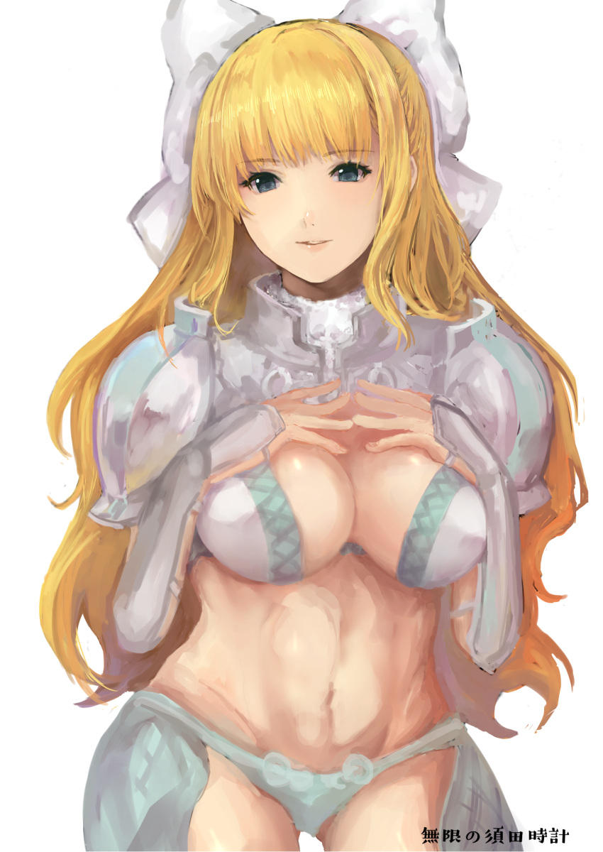 armor blonde_hair blue_eyes blue_panties bow breasts charlotte_(fire_emblem) cleavage female fire_emblem fire_emblem_fates highres large_breasts long_hair looking_at_viewer mugen_no_sudadokei navel panties solo underwear upper_body white_panties