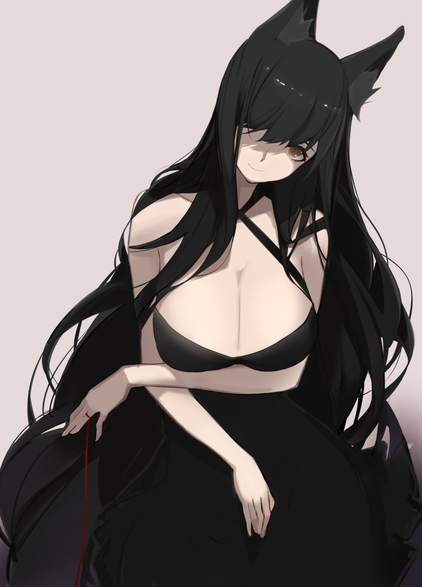 absurdres animal_ears arm_under_breasts atago_(azur_lane) azur_lane bad_id bad_pixiv_id bare_shoulders black_dress black_hair breasts brown_eyes cleavage closed_mouth commentary cowboy_shot criss-cross_halter dress female gradient_background halter_dress halterneck head_tilt highres jewelry large_breasts long_hair looking_at_viewer ring rrr_ato simple_background smile solo string string_of_fate swept_bangs wedding_ring