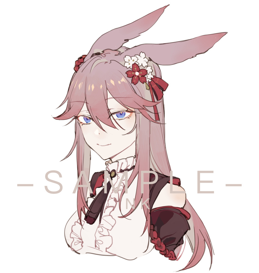 absurdres animal_ears artist_name bare_shoulders closed_mouth detached_sleeves female flower fox_ears frilled_shirt frills hair_between_eyes hair_flower hair_ornament highres honkai_(series) honkai_impact_3rd jacket long_hair looking_at_viewer nnikko pink_hair purple_eyes red_flower red_jacket sample_watermark shirt simple_background smile solo watermark white_background white_flower white_shirt yae_sakura