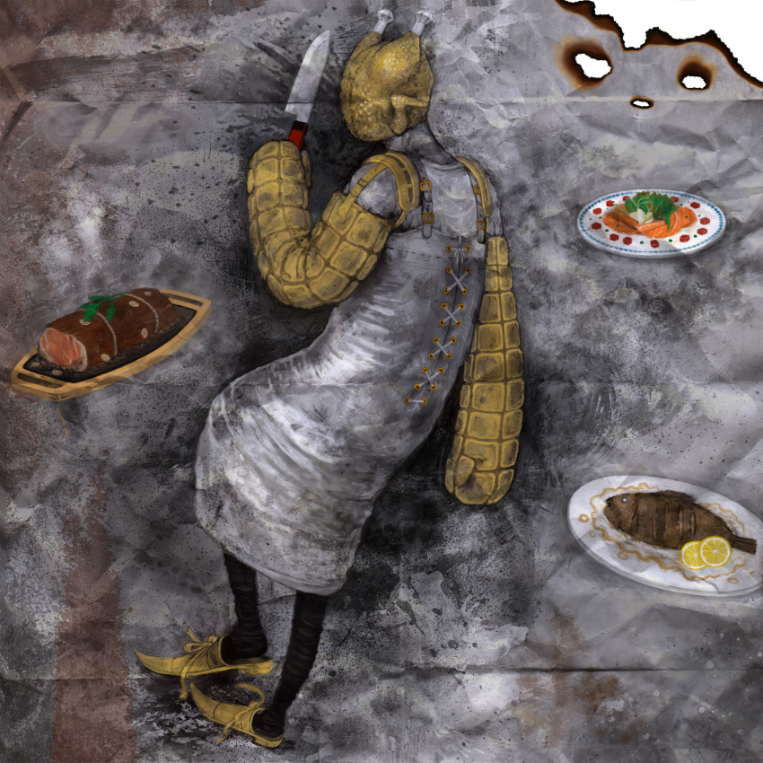 8_(eight) apron buckle commentary_request dorohedoro female fish_(food) food from_behind fruit highres lemon mask meat name_connection object_namesake oven_mitts plate solo turkey_(dorohedoro) turkey_(food)