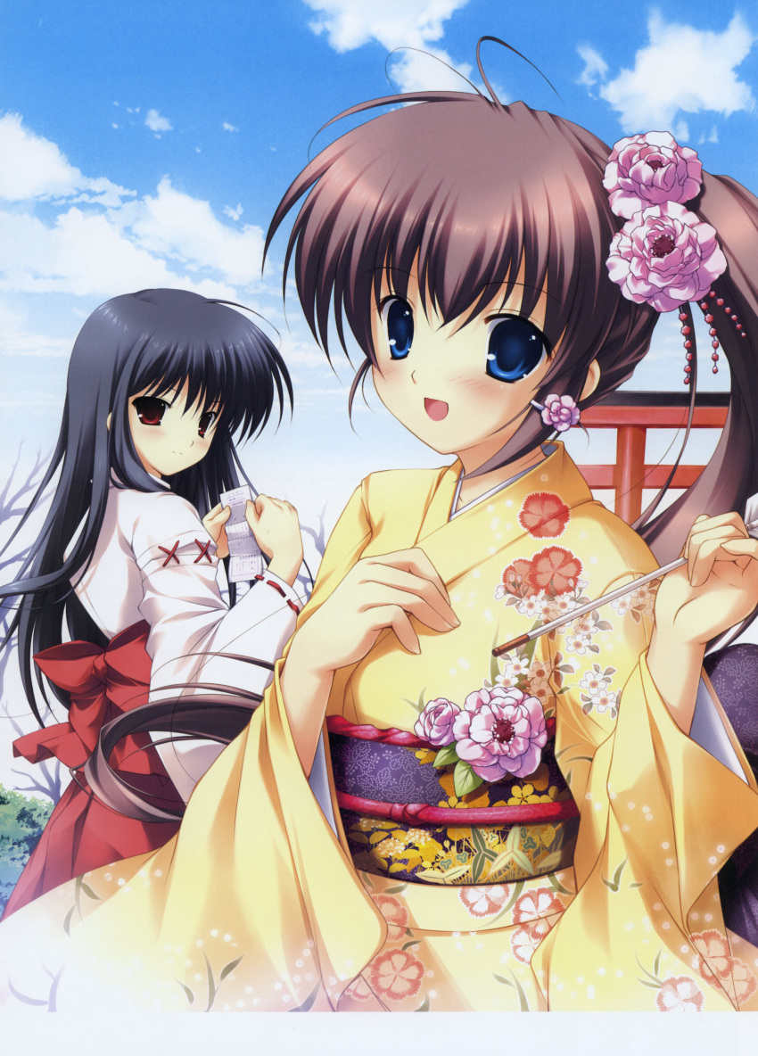 2girls :d absurdres arrow_(projectile) blue_eyes blue_hair blue_sky brown_hair cloud day floral_print flower furisode hair_flower hair_ornament hakama hakama_skirt hamaya highres japanese_clothes kimono kiss_to_lord_to_darjeeling kuyou_sarasa mikeou miko multiple_girls obi omikuji open_mouth red_eyes red_hakama sash side_ponytail skirt sky smile torii yashiro_tsubasa