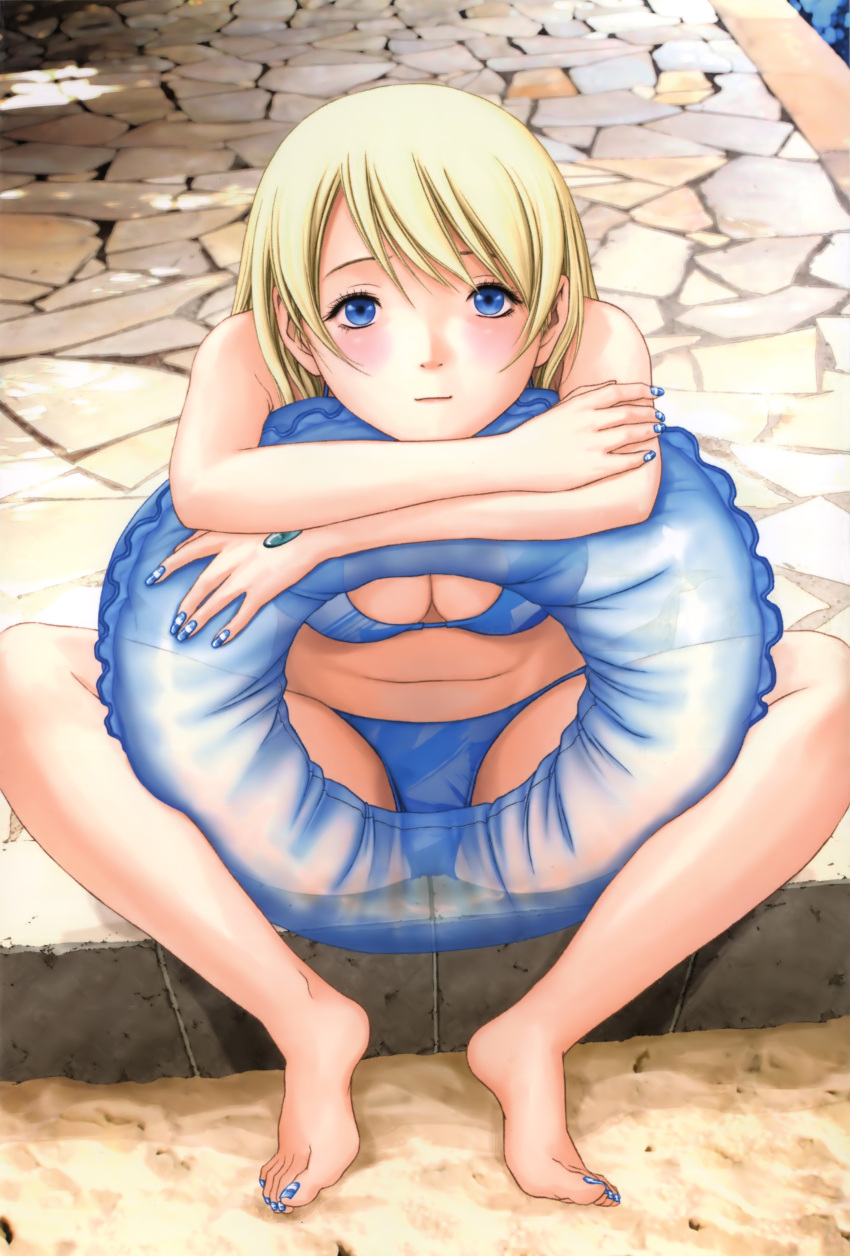 absurdres barefoot bikini blonde_hair blue_eyes btooom! feet female highres himiko_(btooom!) innertube inoue_jun'ya inoue_junya long_hair official_art solo swimsuit toes