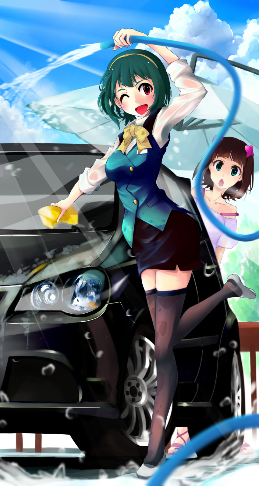 2girls :d :o amami_haruka black_legwear bow brown_hair car commentary_request green_eyes green_hair hairband hairbow highres hose idolmaster idolmaster_(classic) leg_up mistrail mole mole_under_mouth motor_vehicle multiple_girls one_eye_closed open_mouth otonashi_kotori pencil_skirt red_eyes shoe_dangle short_hair skirt sleeves_rolled_up smile thighhighs umbrella vest volkswagen volkswagen_polo washing washing_vehicle water wet wet_clothes