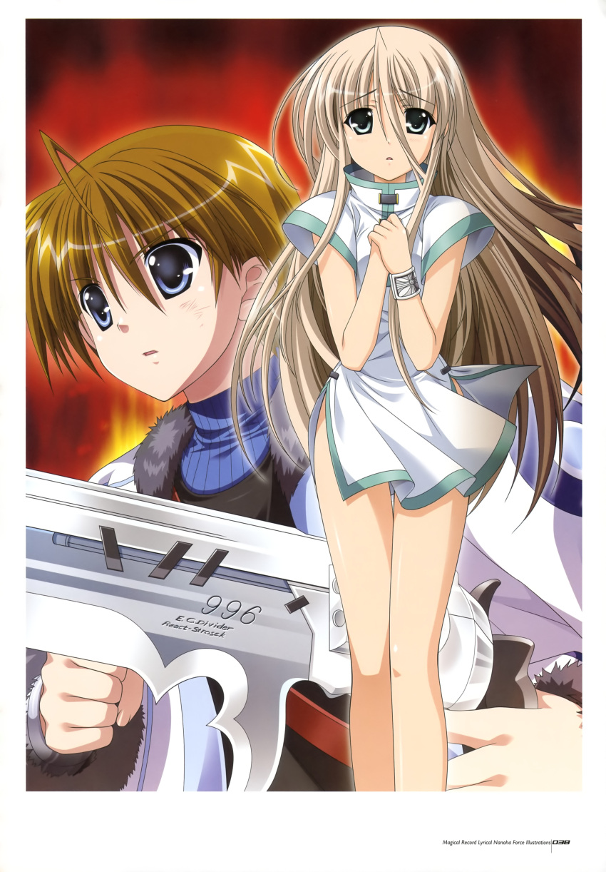 1boy :o absurdres blue_eyes blush bracelet brown_hair dress ec_divider_code-996 female fur_trim gunblade higa_yukari highres jacket jewelry lily-strosek long_hair lyrical_nanoha mahou_senki_lyrical_nanoha_force official_art own_hands_clasped own_hands_together short_dress side_slit thoma_avenir weapon