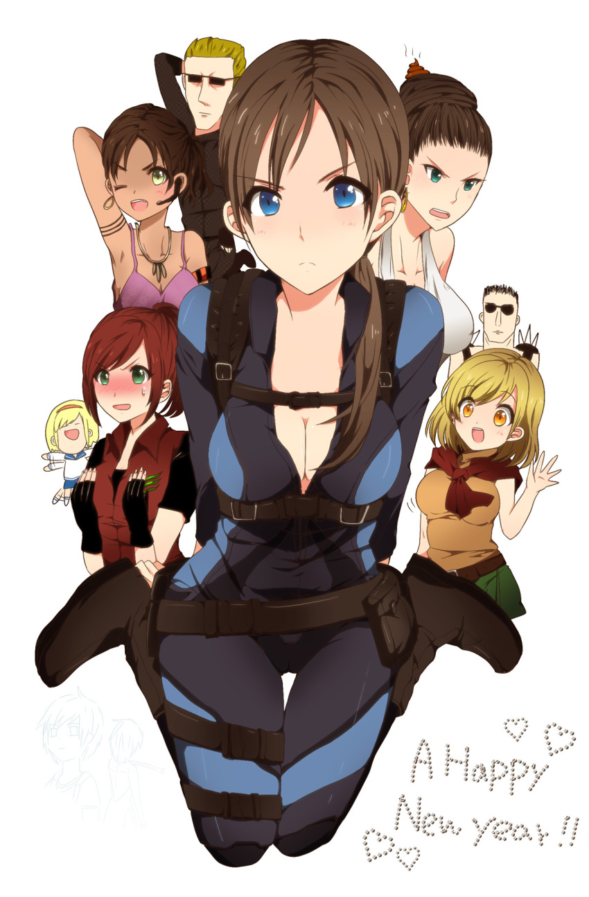 2boys 6+girls albert_wesker ashley_graham belt blush bodysuit breasts chris_redfield claire_redfield cleavage commentary_request crossover excella_gionne fingerless_gloves gloves highres hottaryou in-franchise_crossover jill_valentine kneeling medium_breasts multiple_boys multiple_girls orange_shirt photoshop_(medium) resident_evil resident_evil:_revelations resident_evil_2 resident_evil_4 resident_evil_5 sherry_birkin sheva_alomar shirt shit sunglasses sweat thigh_gap