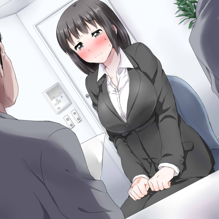 1boy bad_id bad_pixiv_id black_eyes black_hair blush breasts chair chupimaro dutch_angle female formal highres indoors jacket large_breasts long_hair nervous office_lady original paper pencil_skirt skirt skirt_suit solo_focus suit sweatdrop