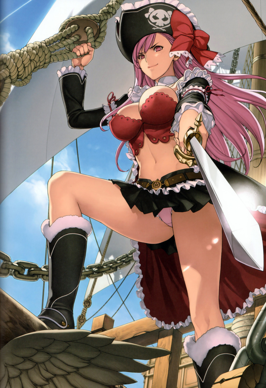 absurdres boots bow breasts bustier captain_liliana cleavage cloud day female hat highres jolly_roger knee_boots large_breasts leg_up legs lingerie long_hair midriff miniskirt navel oda_non official_art panties pantyshot photoshop_(medium) pink_eyes pink_hair pink_panties pirate pirate_hat pleated_skirt queen's_blade queen's_blade_rebellion ribbon scan ship skirt skull_and_crossed_swords sky smile solo sword thighs underwear upskirt very_long_hair watercraft weapon