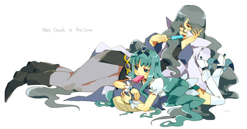 1boy aano_(10bit) blue_eyes blue_hair blue_theme boots cobraja commentary_request copyright_name cure_marine dress female food grey_hair hair_ornament hair_over_one_eye heart heartcatch_precure! kurumi_erika long_hair lying magical_girl on_side on_stomach popsicle precure stuffed_toy thighhighs typo white_thighhighs wrist_cuffs